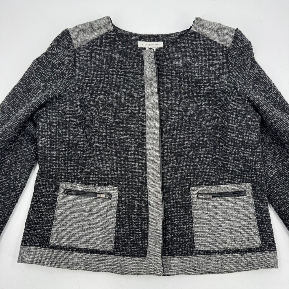 Liz Claiborne Women‎ Textured Collarless Jacket Black Grey Pockets Sz M